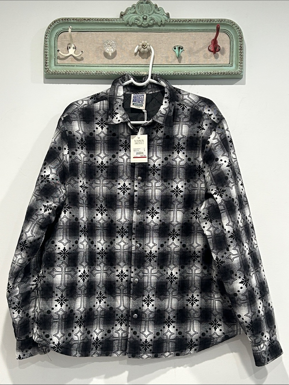 Classic fleece Black & White gothic cross plaid Button-Up Shirt Jacket large new